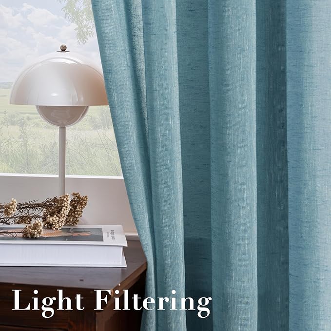 H.VERSAILTEX Linen Curtains Natural Linen Semi-Sheer Curtains Nickel Grommet Privacy Added Premium Soft Rich Material Linen Curtain Panels for Bedroom - 52x84 Inch - Turquoise