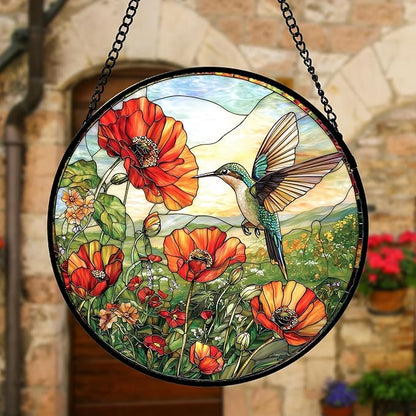 Stained Glass Window Hanging, Hummingbirds Orange Flowers Suncatcher Diamond Glass Panel Hangings Sun Catchers Decor for Birthday for Women, Men, Wife, Aunt, and Mom 6.3 in
