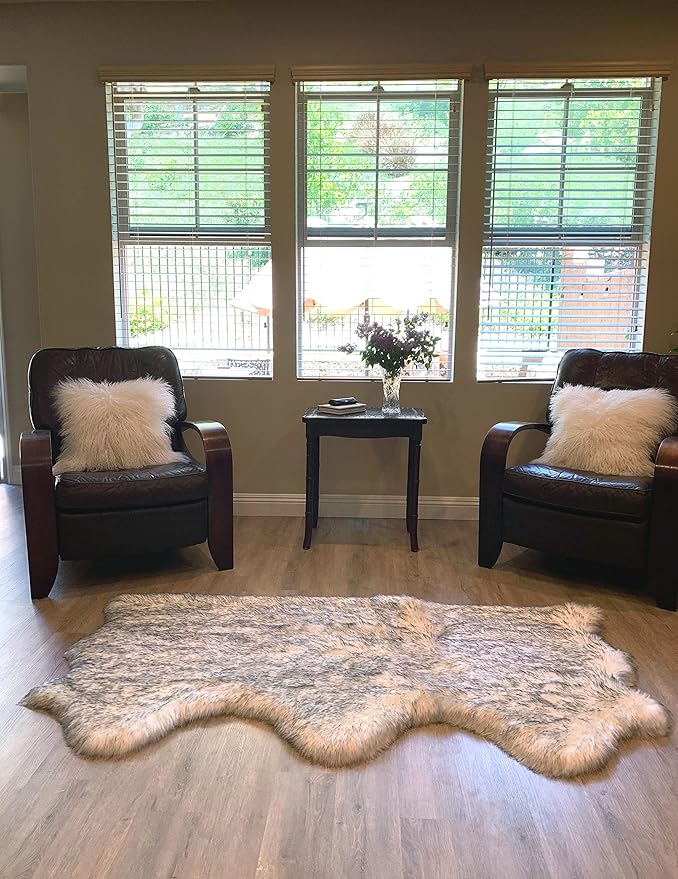 LAMBZY Faux Sheepskin Super Soft Hypoallergenic Silky Shag Rug for Living Room, Kids Room, Sofa (Triple Side by Side 3'x6', White/Black Tips)