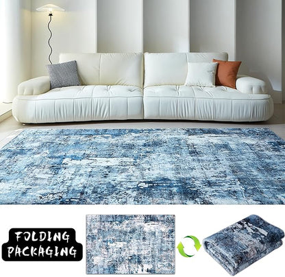 Rugcomf 3x5 Area Rug Blue Soft Abstract Boho Vintage Pattern Non-Slip Non-Shedding Faux Wool Washable for Bedside, Bedroom, Kitchen, Floor, Indoor
