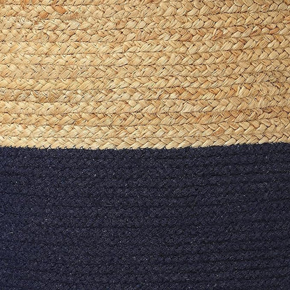 REDEARTH · Cylindrical Pouf Foot Stool Ottoman - Jute Braided Pouffe Poof Accent Sitting Footrest for Living Room, Bedroom, Nursery, Patio, Lounge & Other Rooms (Navy Natural, 18"X18"X14")
