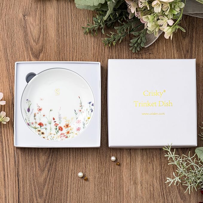 Crisky Initial Jewelry Tray Ring Dish & Gift Box, Ceramic Flower Trinket Dish for Rings Earrings Necklaces Keys, Bridal Shower Engagement Birthday Gift for Women, Friends 4.57" (Gold Foil S