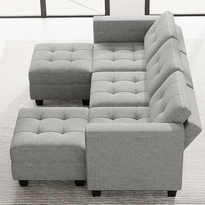 Belffin U-Shaped Sectional Sofa, Light Grey, 58.3"W x 90.2"L x 33.5"H, Reversible Chaise Lounge, Sturdy Solid Wood Frame, Plush Woven Fabric, Hidden Storage, Foldable Backrest, Easy Assembly