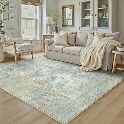 5x7 Washable Area Rug Teal Beige Abstract Living Room Bedroom Carpet Neutral Modern Non-Slip Soft Low Pile Lightweight Vacuumable Throw Rug for Dining Room Entryway