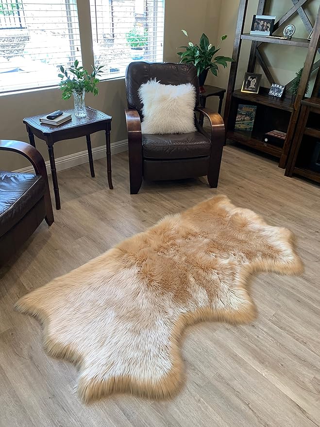 LAMBZY Faux Sheepskin Super Soft Hypoallergenic Silky Shag Rug for Living Room, Kids Room, Sofa (Triple Side by Side 3'x6', Beige)