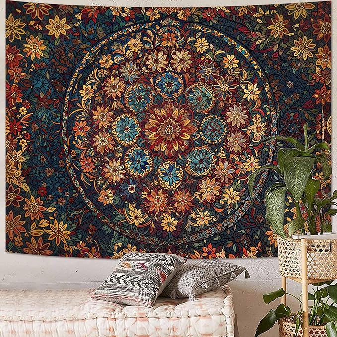 Fowocu Boho Floral Mandala Tapestry Wall Hanging Vintage Bohemian Flower Medallion Tapestry Aesthetic Orange Stained Glass Hippie Large Tapestries for Bedroom Living Room Dorm Decor 80 x 60 Inch