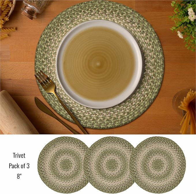 Homespice Grassland Jute Braided Trivets for Table - Set of 3, Round 8", Green - Rich Colors, Easy to Clean, Durable and Protects Furniture
