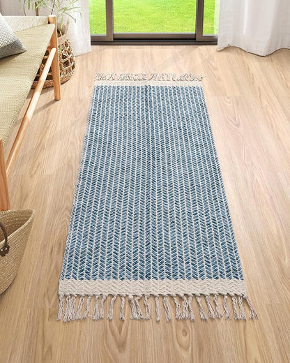 Lahome Boho Laundry Room Rug Runner, 2x4.3 Bathroom Runner Rug Lightweight Kitchen Rugs Woven Cotton Throw Mat with Tassels, Farmhouse Washable Blue Rugs Low Pile for Bedroom Door Mat