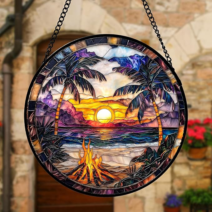 Stained Glass Window Hanging,Bonfire Beach Landscape Suncatcher Diamond Glass Panel Sun Catchers Decor for Birthday for Women, Men, Wife, Aunt, and Mom 6.3 in