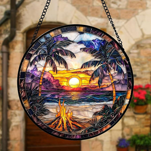 DASTOLL Stained Glass Window Hanging,Bonfire Beach Landscape Suncatcher Diamond Glass Panel Sun Catchers Decor for Birthday for Women, Men, Wife, Aunt, and Mom 11.8x11.8 in