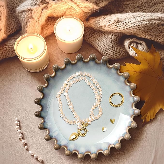 Ceramic Jewelry Dish, Decorative Tray for Rings Earrings Necklaces Bracelet Watch Keys, 4.50" Trinket Tray as Gifts for Women (Reactive Beads)