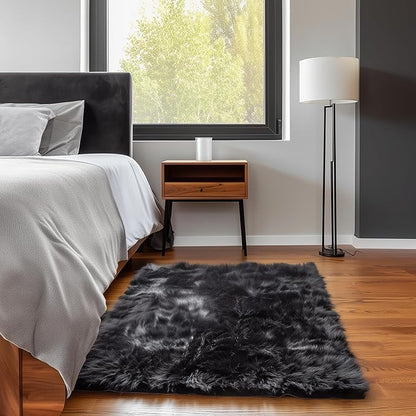 Super Area Rugs Ultra Soft & Fluffy Faux Sheepskin Rug, Black 4 x 6 Feet Carpet for Bedroom Living Room