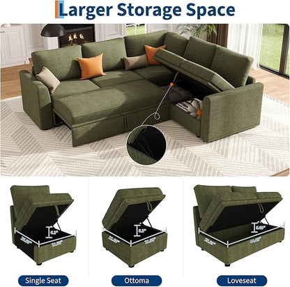 GarveeHome Sectional Sleeper Sofa with Pull Out Bed, Corduroy Modular Sectional Sofa U Shaped 7 Seat Couch with Pull Out Couch and Storage Seat & Ottoman, Convertible Couches for Living Room