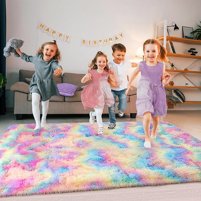 Ultra Fluffy Area Rugs for Living Room Bedroom, 6x9 Fuzzy Large Living Room Rugs, Thick Shag Rug for Dorm, Soft Non Slip Kids Girls Boys Rug for Home Decor Aesthetic, Rainbow