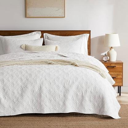 WDCOZY 100% Cotton King Size Quilt Set - White Pre-Washed Soft Lightweight Modern Bedspread, Farmhouse Country Rustic Coverlet, Textured Like Linen, Shabby Chic Gauze Bedding, 3 Pieces