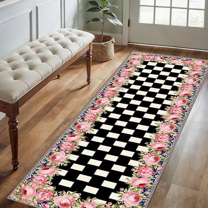 Checkered Floral Design Runner Rug for Entryway, 4x10ft, Pink Rose Luxury Fall Decor Area Carpets for Bedroom, Absorbent Machine Washable Shed Resistant Non-Slip Throw Rugs for Entry