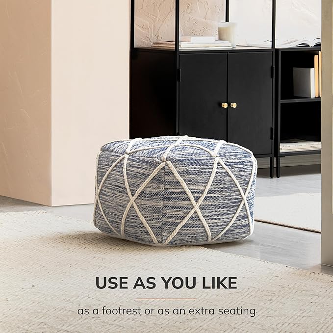 Anji Mountain 100% Handmade & Handcrafted Comfortable Home Décor Pouf Ottoman Footrest for Living Room, Bedroom, Nursery, Kidsroom, Patio Furniture - (22" x 22" x 16"- Ivory,Blue)