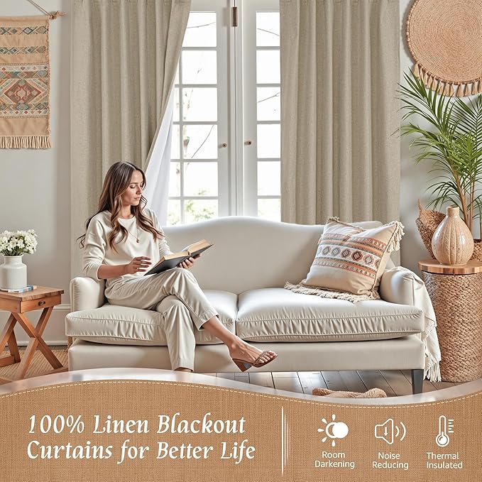 LAMIT Natural 100% Blackout Linen Curtains, 45 Inches Linen Textured Thermal Bedroom Curtains Back Tab and Rod Pocket Neutral Panels with White Liner for Farmhouse, 2 Panels, 38 x 45 Inch, Taupe