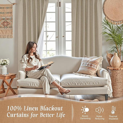 LAMIT 100% Blackout Natural Linen Curtains, 78 Inches Linen Textured Thermal Bedroom Curtains Back Tab and Rod Pocket Neutral Panels with White Liner for Farmhouse, 2 Panels, 52 x 78 Inch, Taupe