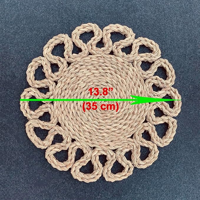13.8" Set of 10 Round Seagrass Placemats | Boho Woven Rattan Table Mats | Farmhouse Wicker Spring Plate Chargers Like Water Hyacinth, Corn Husk for Wedding, Party, Christmas, Events