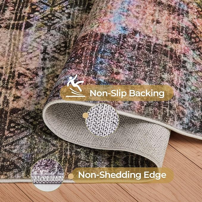 Kokia Abstract Area Rugs 8x10 Bedroom Soft Living Room Rugs Washable Distressed Vintage Comfy Brown Yellow Carpet with Non-Slip Backing for Farmhouse Home Office Room Decor, Oslo Fireworks