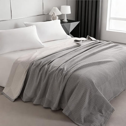 NTBAY 3 Layers Cotton Muslin 88x92 Queen Bed Blanket, Super Soft Breathable Thermal Yarn Dyed Quilt for Adults, Perfect Lightweight Blanket for Couch Sofa Bed All Seasons, Grey Striped