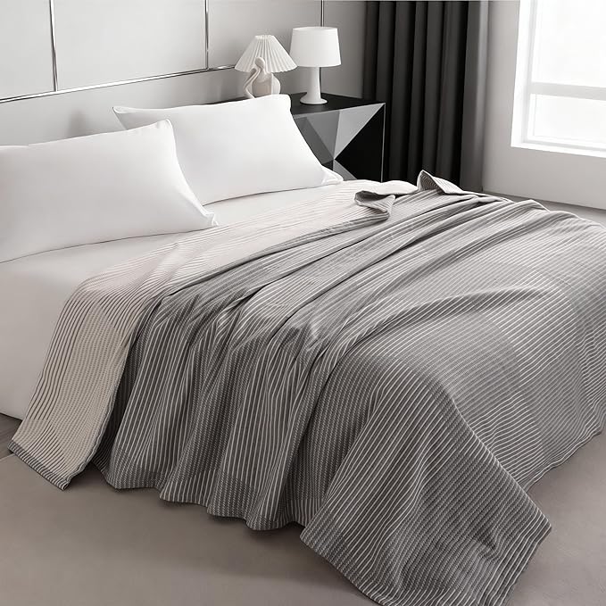 NTBAY 3 Layers Cotton Muslin 106x92 King Bed Blanket, Super Soft Breathable Thermal Yarn Dyed Quilt for Adults, Perfect Lightweight Blanket for Couch Sofa Bed All Seasons, Grey Striped