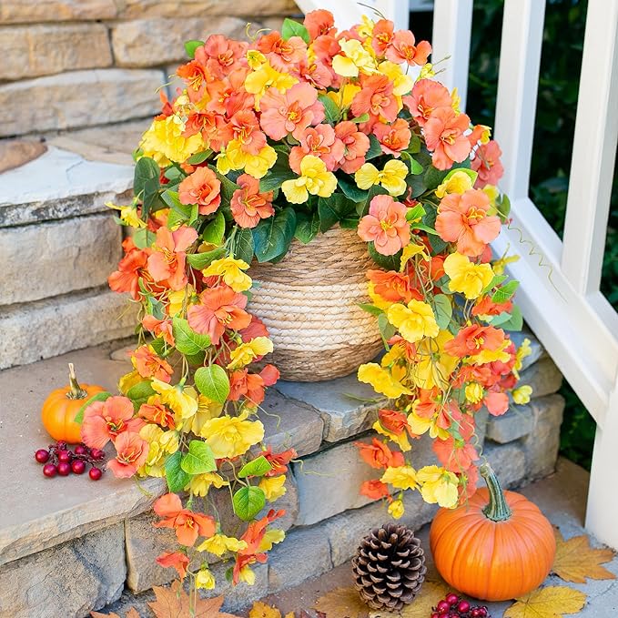 HyeFlora Hibiscus Fall Flowers Artificial Hanging Flowers Plants for Outdoors Autumn Decoration, 2pcs Silk Hibiscus Vines Realistic UV Resistant Faux Flowers for Outside Planters Yard Garden Home, Mix