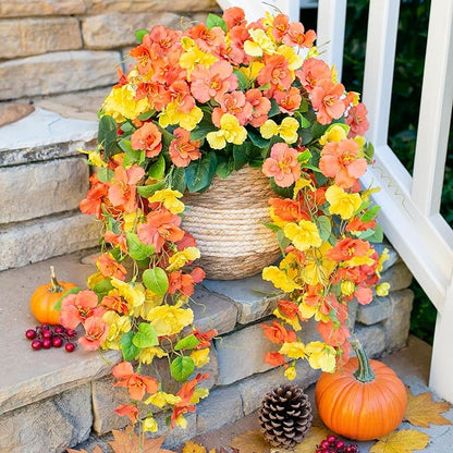 HyeFlora Hibiscus Fall Flowers Artificial Hanging Flowers Plants for Outdoors Autumn Decoration, 2pcs Silk Hibiscus Vines Realistic UV Resistant Faux Flowers for Outside Planters Yard Garden Home, Mix