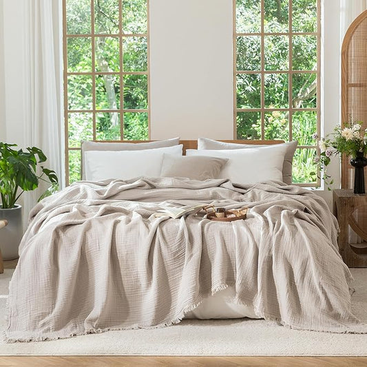 MooMee Muslin Blanket - 100% Cotton 4-Layer Gauze Throw Blanket with All-Around Fringe, Ultra-Soft Breathable Lightweight Cooling Decorative for Bed, Sofa & Couch (Cream Grey,Super King 108" x 98")