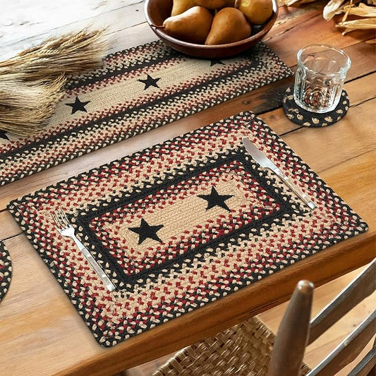 Homespice Primitive Star Gloucester Dining Placemats, Warm Primitive Decor, Set of 6, Black and Red - 13x19 Rectangle Table Mats - Vibrant Colors, Durable, Easy to Clean and Protects Furniture