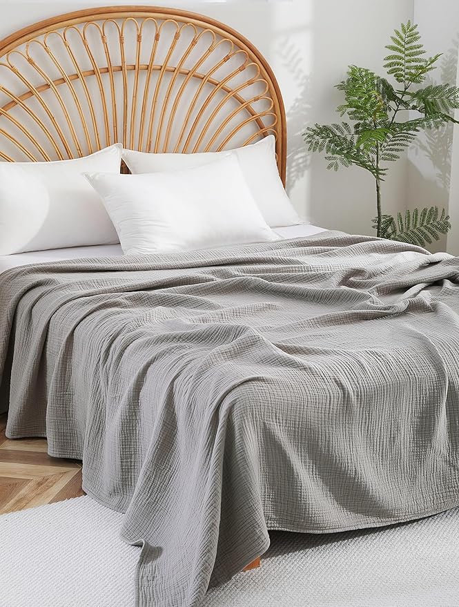 100% Cotton Muslin King Blanket (108" x 90") – A Luxuriously Soft, 4-Layer Lightweight and Breathable Gauze Blanket, Perfect for Year-Round use on beds, couches (Grey, King)