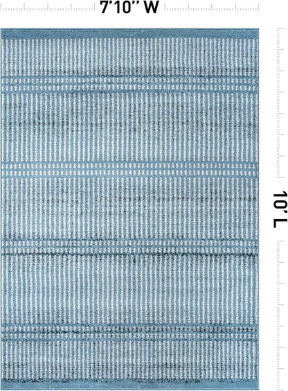 Rugshop Contemporary Stripe Lines High Traffic Living Room,Bedroom,Kitchen, Home Office Area Rug 7'10" x 10' Blue