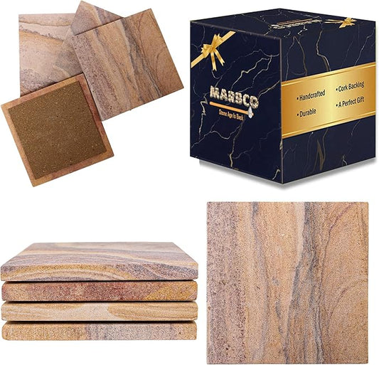 Sandstone Water Absorbent Hand Crafted Square Coasters for Drinks - 4 Inches Wide Thirsty Stone Bar/Drink Coasters- Made from Rainbow Sandstone (Set of 4 Without Holder)