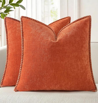 decorUhome Spring Chenille Soft Throw Pillow Covers 18x18 Set of 2, Farmhouse Velvet Neutral Decorative Pillow Covers with Stitched Edge for Couch Sofa Bed Home Decor, Rust