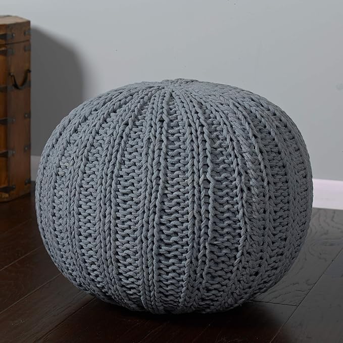 LR Home Gray Cableknit All-Natural Cotton Round Ottoman for Home Décor Hand-Made Casual Foot Rest for Bedroom & Living Room Decor 20 x 20 x 16 Stuffed Pouf for Seating