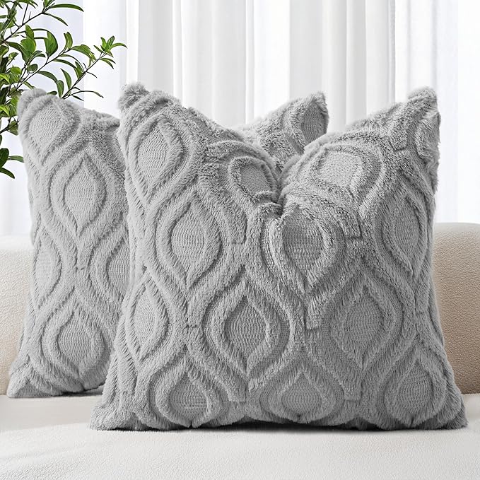 decorUhome Spring Euro Sham Throw Pillow Covers 24x24 Inch Set of 2, Soft Plush Faux Wool Grey Solid Couch Pillow Covers, Accent Farmhouse Neutral Square Pillow Cases for Sofa Bed Living Room