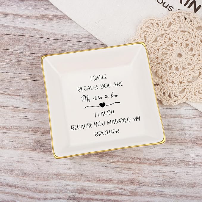JoycuFF Sister in Law Birthday Gifts from Sister Brother in Law Christmas Mothers Day Gifts for Sister in Law Ceramic Ring Dish Jewelry for Her