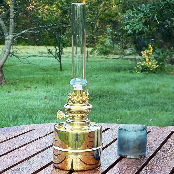 Brass Oil Lamp - 13” Extra-Bright Hurricane Lamp with Antique-Style Brass Body and Glass Chimney - Decorative Kerosene Lantern with Adjustable Wick - Oil Lamps for Indoor Use by Kings County Tools