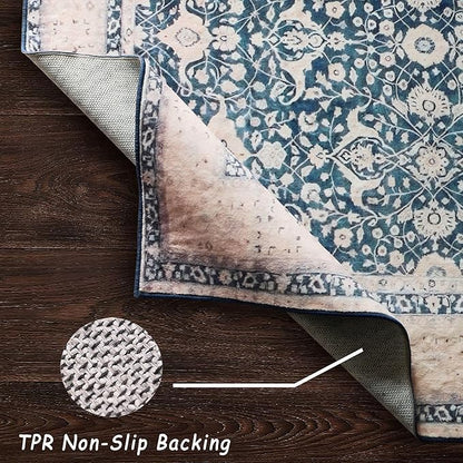 vivorug 5x7 Area Rugs - Ultra-Thin Washable Rug with Non-Slip Backing, Ideal for Living Room, Bedroom, Dining Room Indoor - Vintage Floral, Easy Clean, Durable, Low Pile Rug Blue
