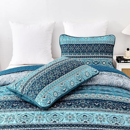 WONGS BEDDING Boho Queen Quilt Set, Blue Bohemian Queen Quilt Bedding Set, Lightweight Microfiber Bed Decor Bedspread for All Season 96"x90"(3 Pieces)