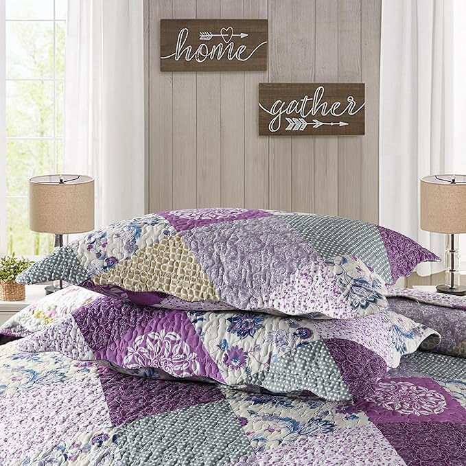 HoneiLife Queen Size Quilt Sets - 3 Pieces Queen Quilt Bedding Set Microfiber Quilt Set Lightweight Bedspreads Reversible Coverlets Retro Bed Cover Floral Bedding Set All Season Quilts-Beige & Purple
