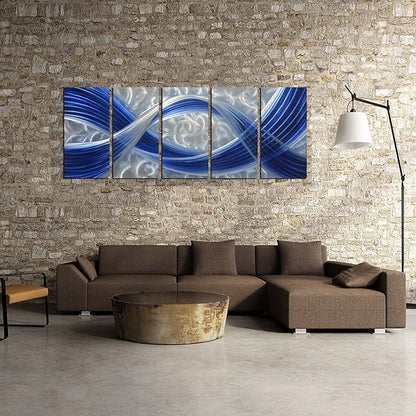 MyArton Metal Wall Sculpture, Aluminum Wall Art, Abstract Metal Wall Art, Dark Blue and Silver, 5-Panels 65" x 24" for Living Room, Bed Room, Dining Room, Kitchen, Office, Indoor and Outdoor