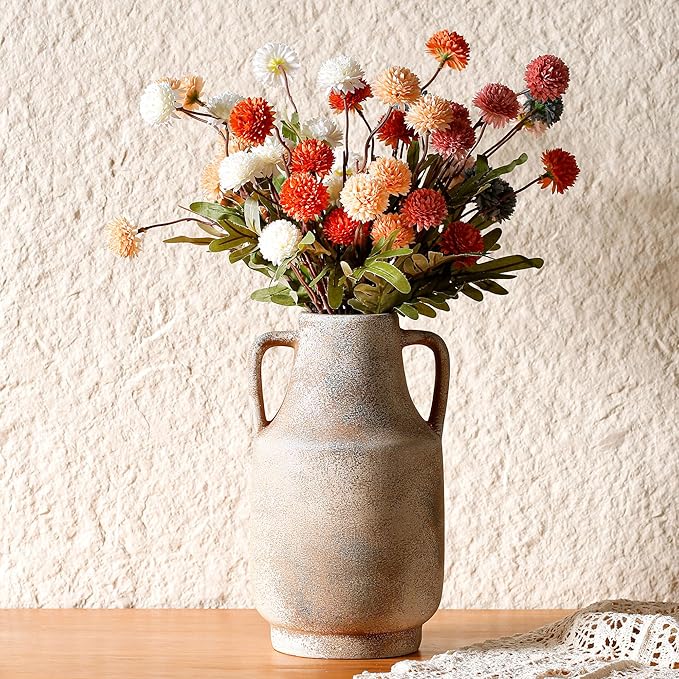 Ceramic Rustic Flower Vase, 10.94 Inch Pottery Modern Vase for Shelf, Tabletop, Vintage Farmhouse Home Decor for Coffee Table, Living Room, Mantle, Fireplace, Entryway