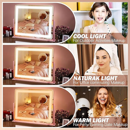 FENNIO Vanity Mirror with Lights 22''x17'' Makeup Mirror,Vanity Mirror Touch Screen with 3-Color Lighting,Dimmable,for Vanity Desk Tabletop（Pink）