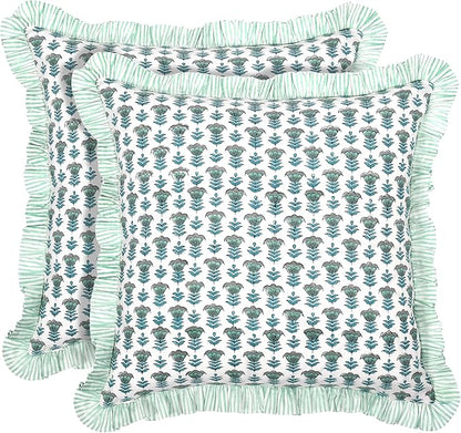 Ridhi Modern Farmhouse Pillow Covers Decorative Cotton Throw Pillow Covers Set of 2 Aquamarine Blue Cushion Covers with Ruffle for Couch Sofa Bed Living Room Spring Home Decor 16x16