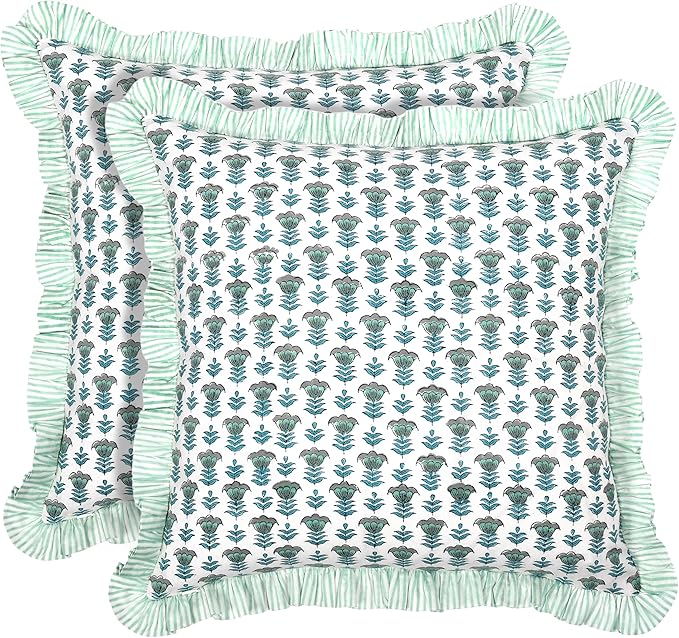 Ridhi Modern Farmhouse Pillow Covers Decorative Cotton Throw Pillow Covers Set of 2 Aquamarine Blue Cushion Covers with Ruffle for Couch Sofa Bed Living Room Spring Home Decor 18x18