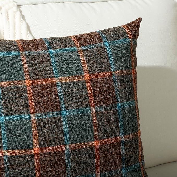 Stellhome Pack of 2 Faux Linen Buffalo Check Throw Pillow Covers, Farmhouse Plaid Decorative Cushion Covers for Couch Sofa Living Room, 24x24 Inch, Blue and Orange