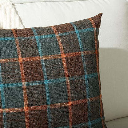 Stellhome Pack of 2 Faux Linen Buffalo Check Throw Pillow Covers, Farmhouse Plaid Decorative Cushion Covers for Couch Sofa Living Room, 24x24 Inch, Blue and Orange