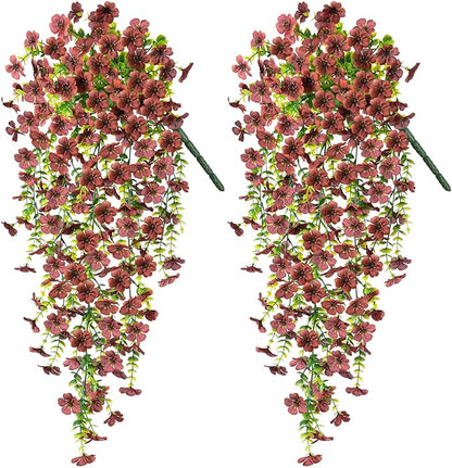 Artificial Mums for Outdoors Fake Hanging Flowers for Fall Decoration, 2 PCS Silk Daisy Flower Realistic Faux Plants UV Resistant for Porch Patio Window Yard Outside Autumn Decor(Brown)
